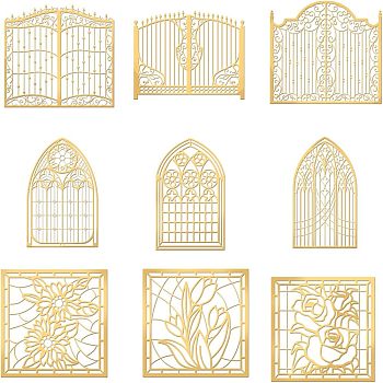 Olycraft 9Pcs 9 Styles Nickel Self-adhesive Picture Stickers, Golden, Window & Door, Mixed Patterns, 40x40mm, 1pc/style