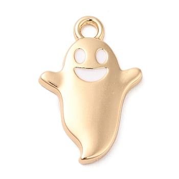 Halloween Theme Alloy Pendants, with Enamel, Ghost Charm, Golden, White, 21x14x2mm, Hole: 2mm
