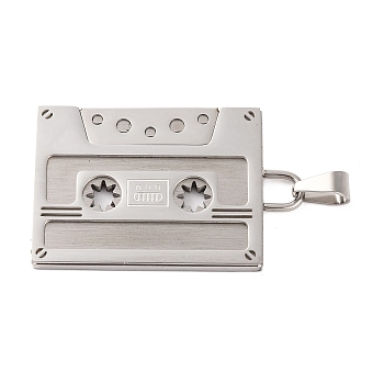 Non-Tarnish 316 Surgical Stainless Steel Pendants, Retro Cassette Tape Charm, Stainless Steel Color, 48x30.5x3.5mm, Hole: 8.5x4.5mm