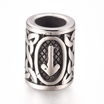 304 Stainless Steel European Beads, Large Hole Beads, Column with Runes/Futhark/Futhor, Antique Silver, 16.2x13.4mm, Hole: 8mm
