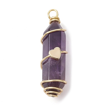 Natural Amethyst Copper Wire Wrapped Pointed Pendants, Faceted Bullet Charms with Golden Tone Brass Heart Beads, 34.5~37x10.5x12mm, Hole: 2.7mm