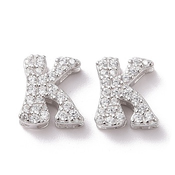 925 Sterling Silver Micro Pave Cubic Zirconia Beads, Real Platinum Plated, Letter K, 9x6x3.5mm,  Hole: 2.5x1.5mm