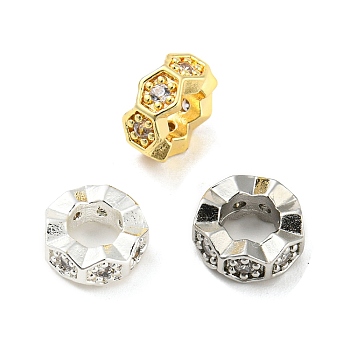 Brass Micro Pave Cubic Zirconia European Beads, Large Hole Beads, Long-Lasting Plated, Lead Free & Cadmium Free, Hexagon, Mixed Color, 7.5x3.5mm, Hole: 4.3mm