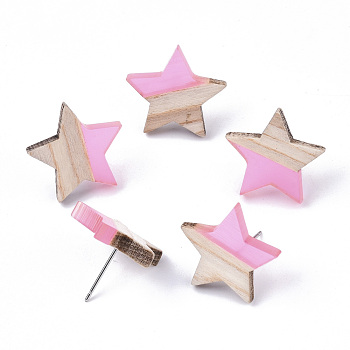 Transparent Resin & Wood Stud Earrings, with 304 Stainless Steel Pin, Star, Pearl Pink, 17x18mm, Pin: 0.7mm