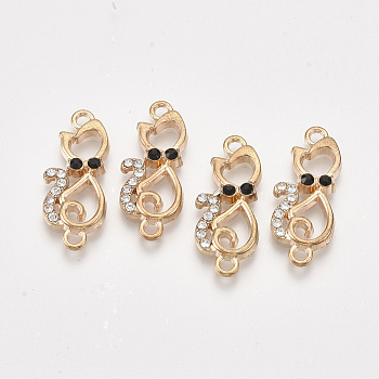 Alloy Kitten Links connectors, with Rhinestone, Hollow Cat, Golden, 25x10x3mm, Hole: 1.6mm
