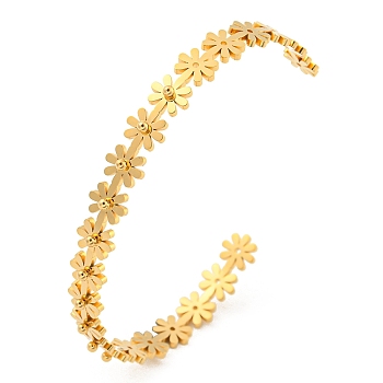 304 Stainless Steel Open Cuff Bangles, Small Daisy, Real 18K Gold Plated, 1/4 inch(0.75cm), Inner Diameter: 2-1/2 inch(6.4cm)