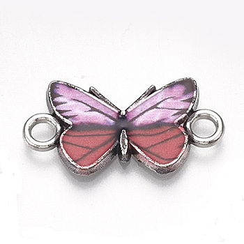 Printed Alloy Connector Charms, with Enamel, Butterfly Link, Cadmium Free & Lead Free, Platinum, Light Coral, 12x23x2mm, Hole: 2.5mm