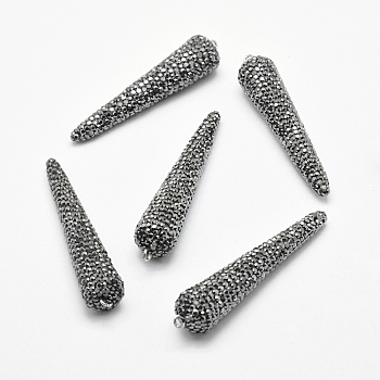 Polymer Clay Rhinestone Big Pendants, with Brass Finding, Cone, Black, 56~61x12~13mm, Hole: 2mm
