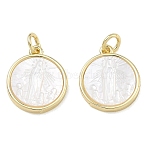 Rack Plating Brass & Natural White Shell Pendants, Flat Round with Virgin Mary Charms, Cadmium Free & Lead Free, Real 18K Gold Plated, 16x14x2.8mm, Hole: 3.5mm(SH-CBA6629-32G)