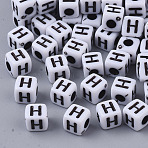 White Opaque Acrylic Beads, Horizontal Hole, Cube with Black Alphabet, Letter H, 4~5x4~5x4~5mm, Hole: 1.8mm, about 6000~6500pcs/500g(MACR-R869-02H)