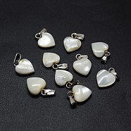 Shell Charms, with Brass Findings, Heart, Platinum, 12~13x9~10x2~4mm, Hole: 2x5mm(SSHEL-E564-26P)