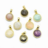 Natural Mixed Stone Pendants, with Golden Tone Brass Findings, Flat Round, Faceted, 14x11x4.5mm, Hole: 2.5x3.5mm(G-O176I-G)