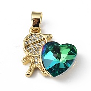 Real 18K Gold Plated Rack Plating Brass Micro Pave Clear Cubic Zirconia Pendants, with Glass, Long-Lasting Plated, Cadmium Free & Lead Free, Boy with Heart Charm, Sea Green, 19.5x18x7.5mm, Hole: 5.5x3.5mm(KK-C015-21G-07)