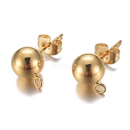 304 Stainless Steel Stud Earring Findings, with Loop and Ear Nut/Earring Backs, Real 24K Gold Plated, 11mm, Hole: 1.8mm, Ball: 8mm, Pin: 0.8mm(X-STAS-P148-07G-A)