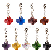 Pandahall 36Pcs 9 Colors Cross Glass Pendant Decoration, Brass Lobster Claw Clasps Charms, Clip-on Charms, for Keychain, Purse, Backpack Ornament, Mixed Color, 36mm, 4pcs/color(HJEW-TA0001-08)