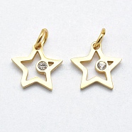 316 Surgical Stainless Steel Pendants, with Cubic Zirconia, Long-Lasting Plated, Star, Clear, Real 18K Gold Plated, 14x14x2mm, Hole: 3mm(STAS-J038-01A-G)