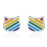 Rainbow Color Pride Flag Enamel Cat Stud Earrings, Platinum Brass Jewelry for Women, Colorful, 7mm(RABO-PW0001-022P)