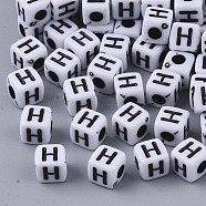 White Opaque Acrylic Beads, Horizontal Hole, Cube with Black Alphabet, Letter.H, 4~5x4~5x4~5mm, Hole: 1.8mm, about 6470~6500pcs/500g(MACR-R869-02H)