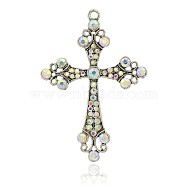 Alloy Rhinestone Big Pendants, Latin Cross Clenchee, Antique Silver, Crystal AB, 73x51x5mm, Hole: 3mm(RB-J112-28AS)