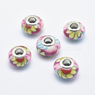 Handmade Polymer Clay European Beads, Large Hole Beads, Rondelle with Flower Pattern, Colorful, 13~16x8~11mm, Hole: 4.5~5mm(CLAY-K002-A14)