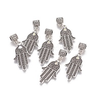 Alloy Rhinestone European Dangle Charms, Large Hole Pendants, Hamsa Hand/Hand of Fatima /Hand of Miriam, Crystal AB, Antique Silver, 53.5mm, Hole: 5mm, Pendant: 39.5x21.5x3mm(ALRI-F053-01AS)