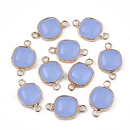 Glass Links connectors, with Brass Findings, Square, Golden, Cornflower Blue, 21x13x5~5.5mm, Hole: 2.5mm(GLAA-S130-25)