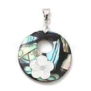 Natural Paua Shell Pendants, Flat Round Charms with Brass Rhinestone Findings and Natural White Shell Flower, Platinum, 27.5x7mm, Hole: 6x4mm(KK-E059-06P)