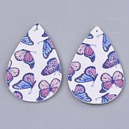 PU Leather Big Pendants, Double Sided, teardrop, With Butterfly Pattern, White, 56x37x2mm, Hole: 1.6mm(X-FIND-R072-10-C10)
