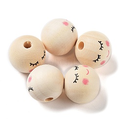 Printed Wood Beads, Round with Smiling Face, Undyed, Blanched Almond, 20mm, Hole: 2mm(WOOD-M010-01B)