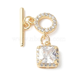 Brass Pave Clear Cubic Zirconia Toggle Clasps, Ring with Square, Real 18K Gold Plated, 24mm, Hole: 1.2mm, sqare: 10x8x5mm, hole: 1.25mm, bar: 15x4x1.5mm, hole: 1.2mm(KK-A253-08G)