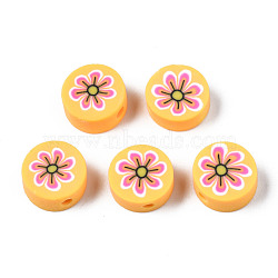 Handmade Polymer Clay Beads, for DIY Jewelry Crafts Supplies, Flat Round with Flower, Gold, 9.5~10x4.5mm, Hole: 1.8mm(CLAY-N008-039I)