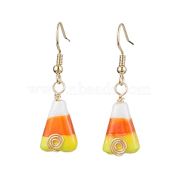 Candy Corn Handmade Lampwork Dangle Earrings, 304 Stainless Steel Jewelry for Women, Golden, Yellow, 40x11.5mm(EJEW-JE05869)