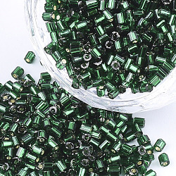 Grade A Glass Seed Beads, Hexagon(Two Cut), Silver Lined, Dark Green, 1.5~2.5x1.5~2mm, Hole: 0.8mm, about 2100pcs/bag, 450g/bag(SEED-S022-04A-20)