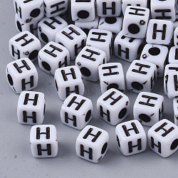 White Opaque Acrylic Beads, Horizontal Hole, Cube with Black Alphabet, Letter H, 4~5x4~5x4~5mm, Hole: 1.8mm, about 6000~6500pcs/500g(MACR-R869-02H)