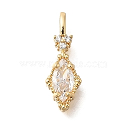 Brass Glass Pendants, Rhombus with Heart Charms, Real 14K Gold Plated, Faceted, Clear, 18.5x6.5x4.5mm, Hole: 3.5x2mm(KK-U061-20G-01)
