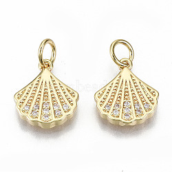 Brass Micro Pave Clear Cubic Zirconia Charms, with Jump Rings, Nickel Free, Shell Shape, Real 16K Gold Plated, 12.5x11x2.5mm, Jump Ring: 5x0.8mm, 3.4mm inner diameter(ZIRC-S067-182-NF)