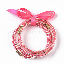 PVC Plastic Buddhist Bangle Sets, Jelly Bangles, with Paillette/Sequins and Polyester Ribbon, Deep Pink, 2-1/2 inch(6.5cm), 5pcs/set(BJEW-T008-18H)