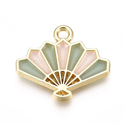 Chinese Style Alloy Pendants, with Enamel, Folding Fan Shape, Golden, Medium Sea Green, 15x17x1.5mm, Hole: 1.6mm(ENAM-I043-03A)