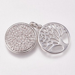Brass Micro Pave Cubic Zirconia Pendants, Flat Round with Tree of Life, Clear, Platinum, 15x2mm, Hole: 3mm(ZIRC-A009-42P)