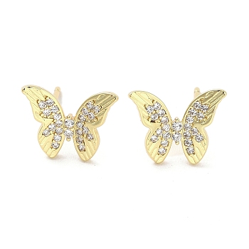 Rack Plating Brass Micro Pave Clear Cubic Zirconia Stud Earrings for Women, Cadmium Free & Lead Free, Long-Lasting Plated, Bowknot, Real 18K Gold Plated, 13.5x13mm