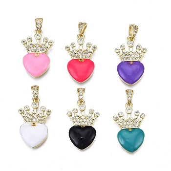 Brass Micro Pave Clear Cubic Zirconia Pendants, with Enamel and Brass Snap on Bails, Nickel Free, Real 18K Gold Plated, Heart, Mixed Color, 23x14.5x3mm, Hole: 2.5x5mm