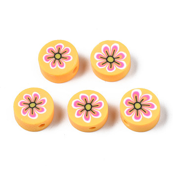 Handmade Polymer Clay Beads, for DIY Jewelry Crafts Supplies, Flat Round with Flower, Gold, 9.5~10x4.5mm, Hole: 1.8mm