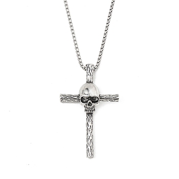 Zinc Alloy Cross Pendant Necklaces, 201 Stainless Steel Chains Necklaces, Stainless Steel Color, 23.43 inch(59.5cm), Cross: 58x37.5mm