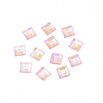 Glass Rhinestone Cabochons, Nail Art Decoration Accessories, Faceted, Square, Pink, 4x4x1.5mm