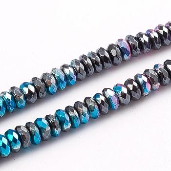 Electroplated Non-magnetic Synthetic Hematite Beads Strands, Half Plated, Rondelle, Faceted, Multi-color Plated, 4x2mm, Hole: 0.8mm, about 180pcs/strand, 15.75 inch(40cm)