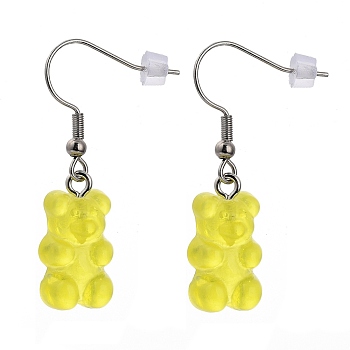 Resin Dangle Earrings, with 304 Stainless Steel Earring Hoops and Plastic Ear Nuts, Bear, Green Yellow, 39mm, Pin: 0.7mm