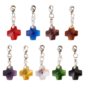 Pandahall 36Pcs 9 Colors Cross Glass Pendant Decoration, Brass Lobster Claw Clasps Charms, Clip-on Charms, for Keychain, Purse, Backpack Ornament, Mixed Color, 36mm, 4pcs/color