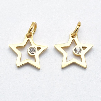 316 Surgical Stainless Steel Pendants, with Cubic Zirconia, Long-Lasting Plated, Star, Clear, Real 18K Gold Plated, 14x14x2mm, Hole: 3mm