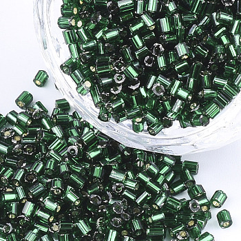 Grade A Glass Seed Beads, Hexagon(Two Cut), Silver Lined, Dark Green, 1.5~2.5x1.5~2mm, Hole: 0.8mm, about 2100pcs/bag, 450g/bag