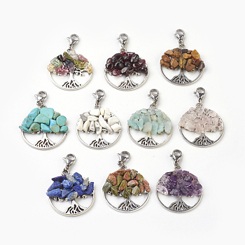 Pendant Decorations Sets, Synthetic/Natural Mixed Stone Chip Beads with Alloy Pendants, Stainless Steel Findings, Tree of Life, Antique Silver & Stainless Steel Color, 39~40mm, Pendant: 28.5x25~26.5x5mm, 10pcs/set